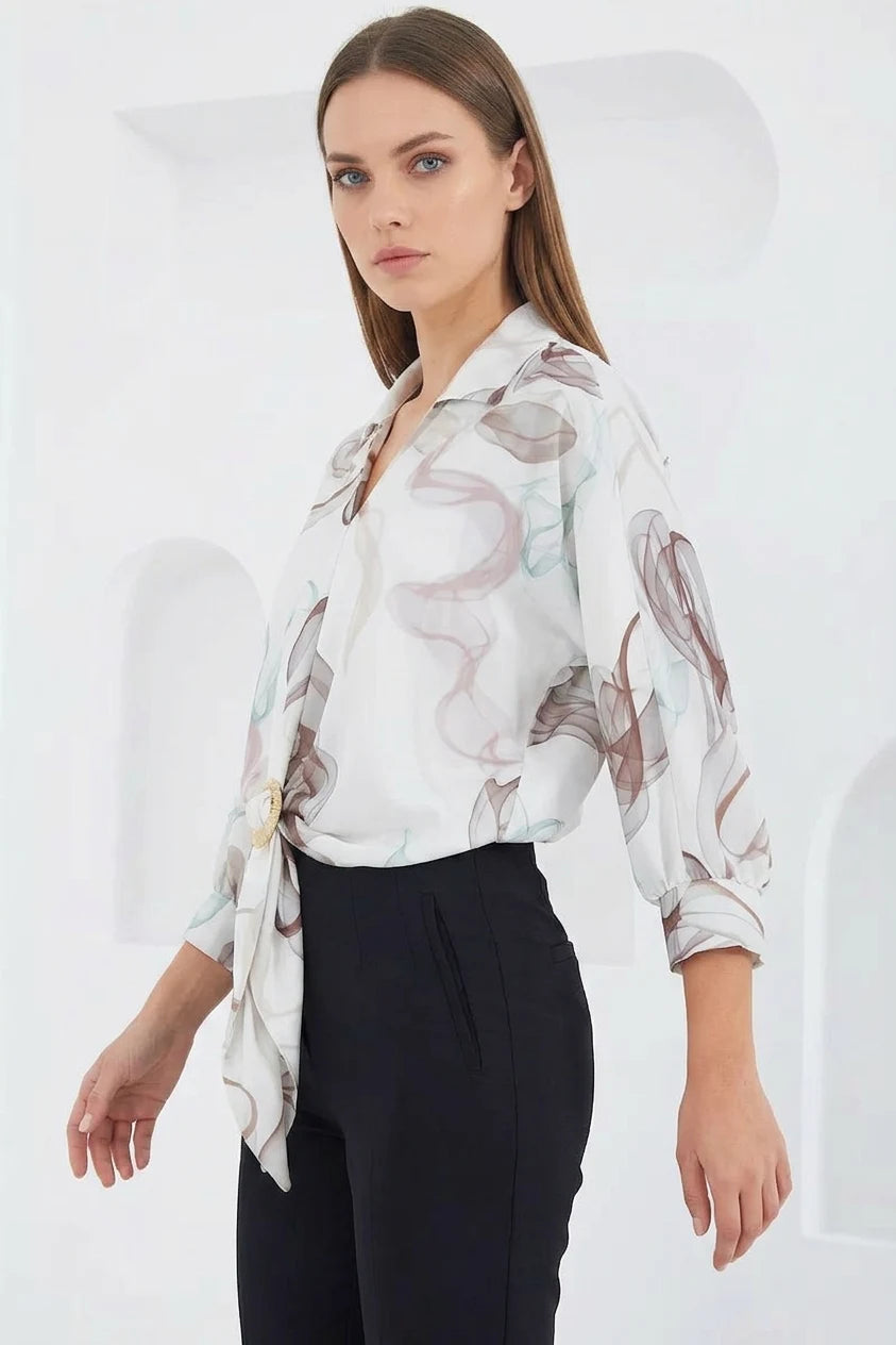 Kadın Crop Oversize Desenli Saten Kahverengi Gömlek