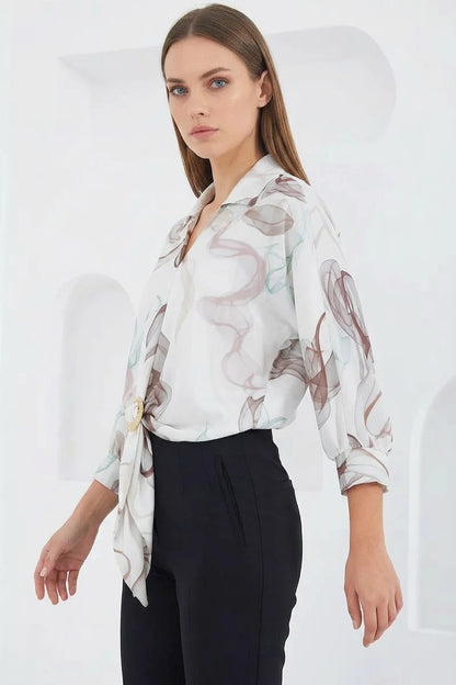 Kadın Crop Oversize Desenli Saten Kahverengi Gömlek