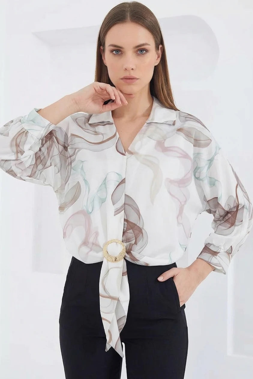 Kadın Crop Oversize Desenli Saten Kahverengi Gömlek