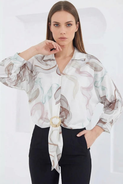 Kadın Crop Oversize Desenli Saten Kahverengi Gömlek