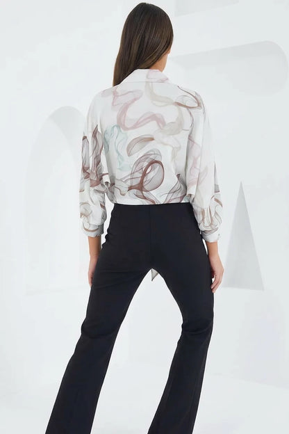 Kadın Crop Oversize Desenli Saten Kahverengi Gömlek