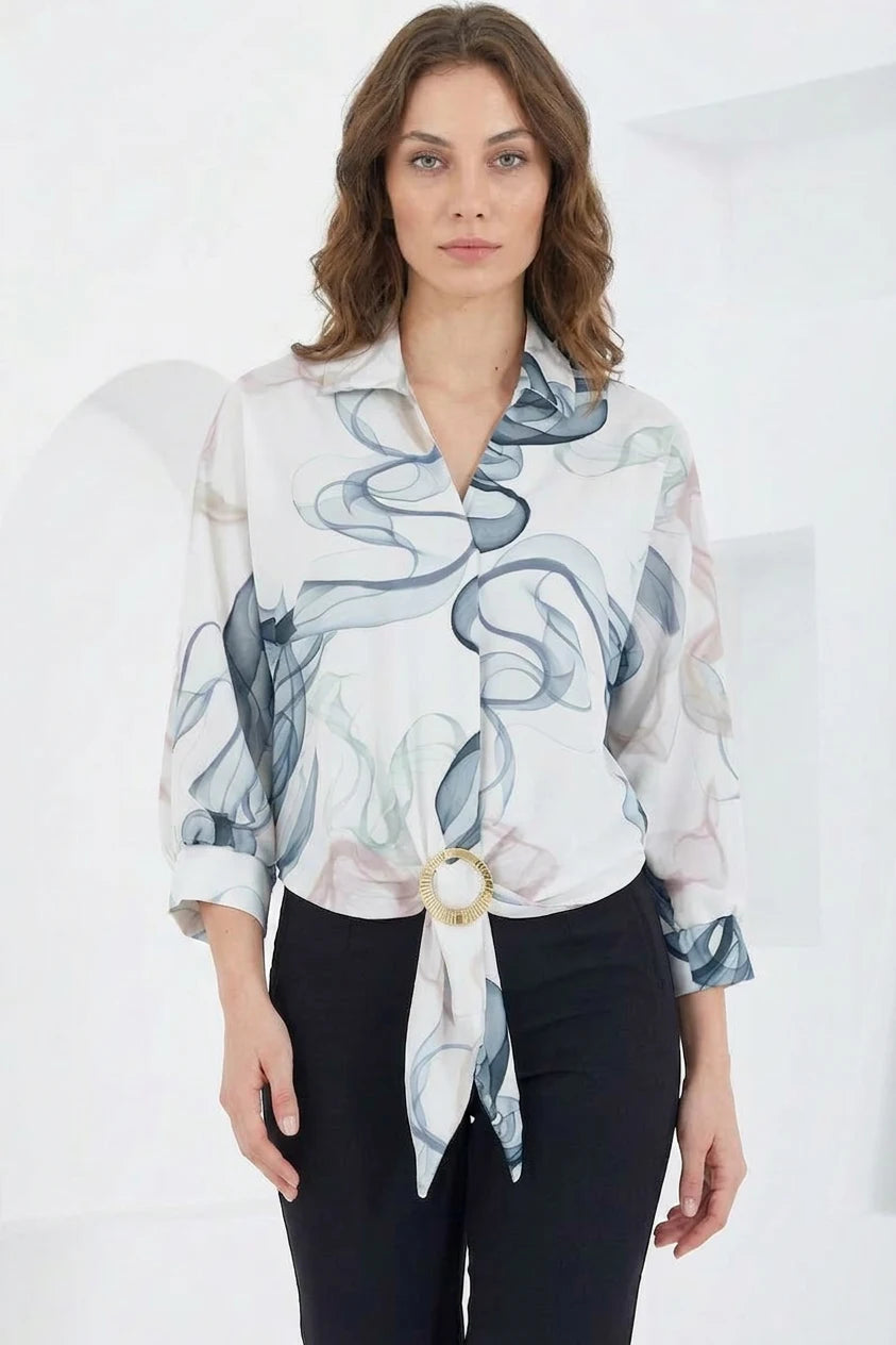 Kadın Kuşaklı Oversize Desenli Saten Gömlek