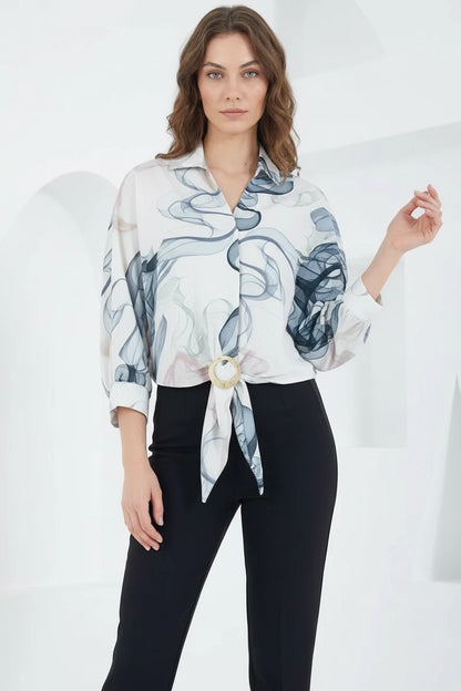 Kadın Kuşaklı Oversize Desenli Saten Gömlek