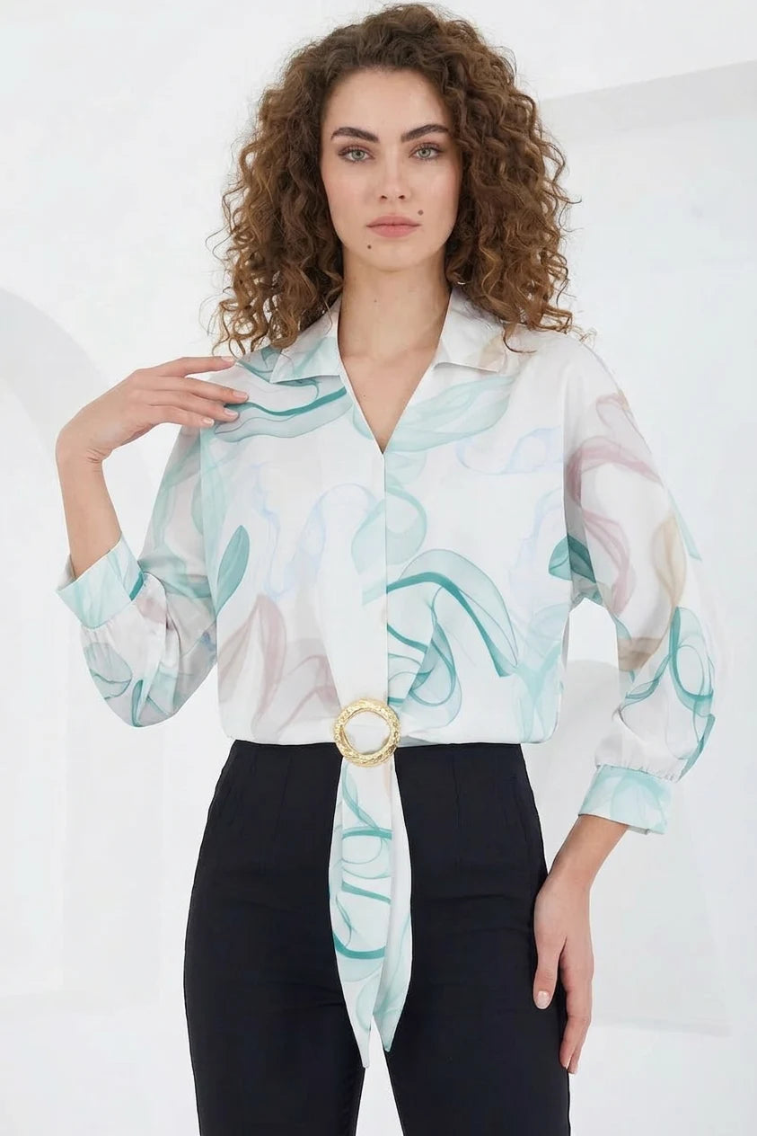 Kadın Kuşaklı Oversize Desenli Saten Gömlek