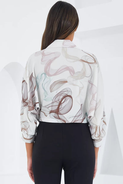 Kadın Crop Oversize Desenli Saten Kahverengi Gömlek