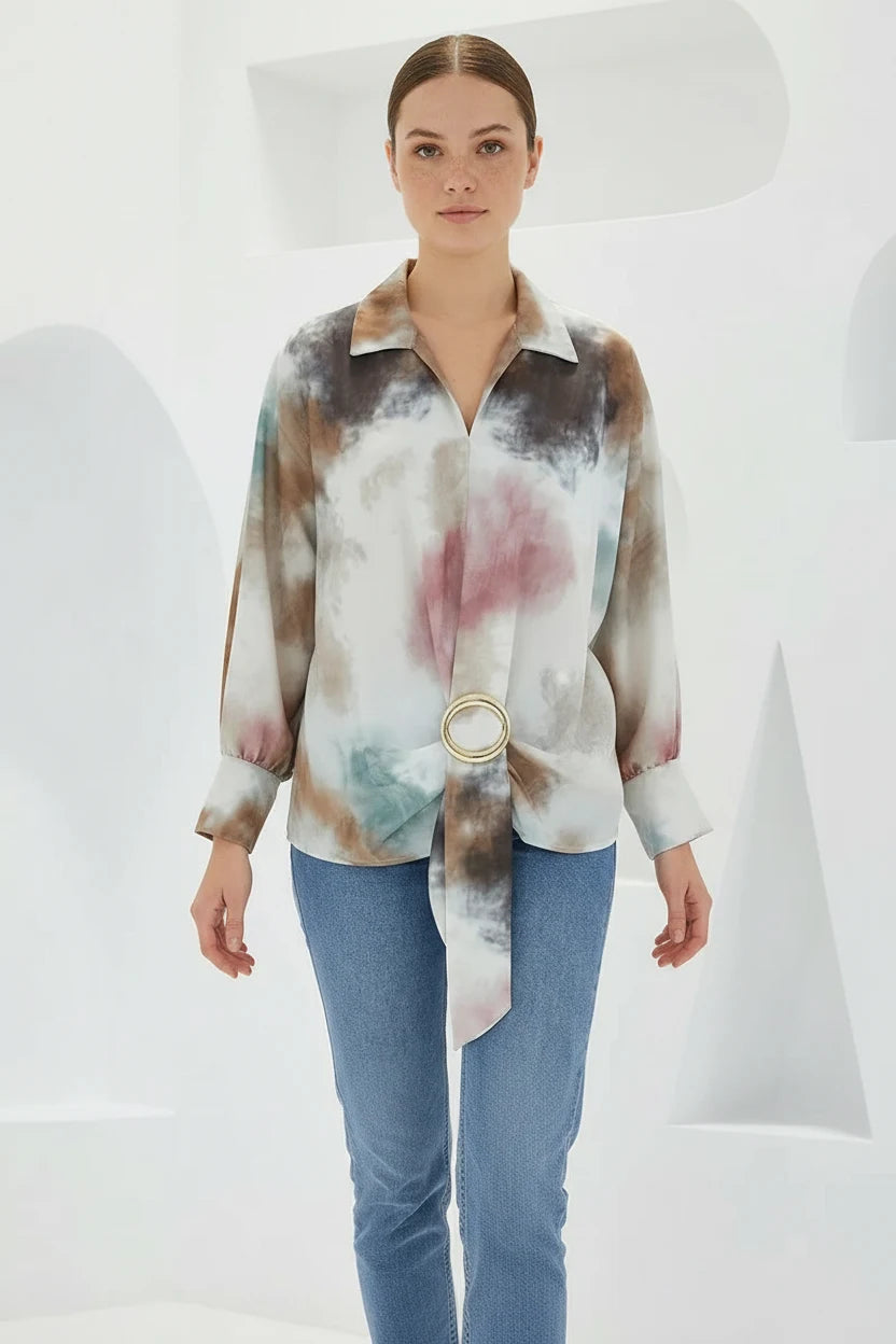 Kadın Beli Kuşaklı Oversize Desenli Saten Hardal Ekru Gömlek