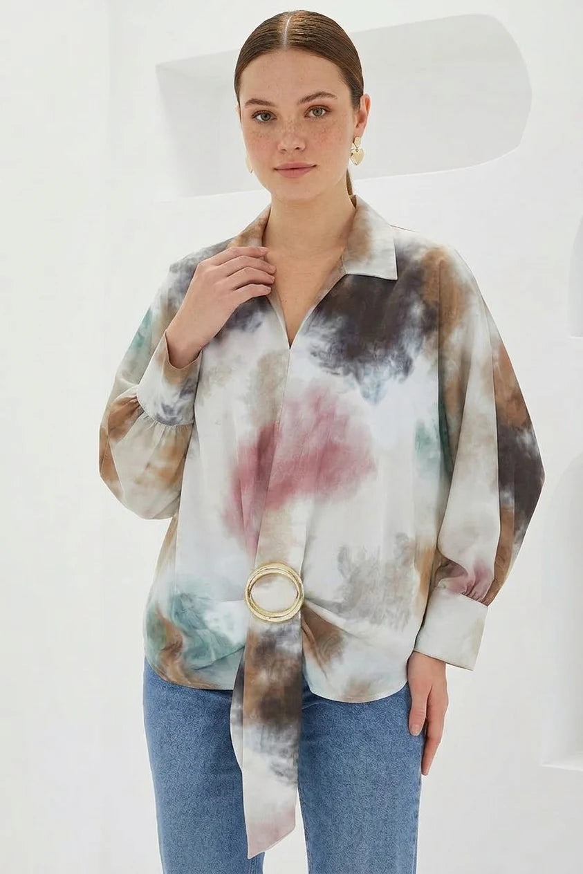 Kadın Beli Kuşaklı Oversize Desenli Saten Hardal Ekru Gömlek