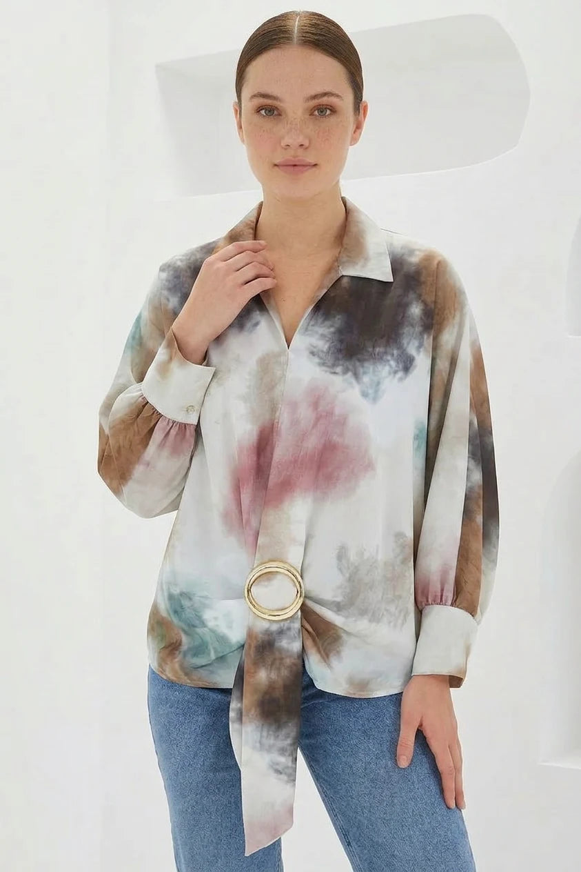 Kadın Beli Kuşaklı Oversize Desenli Saten Hardal Ekru Gömlek