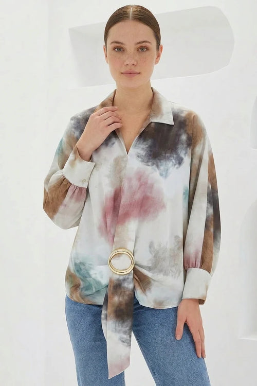 Kadın Beli Kuşaklı Oversize Desenli Saten Hardal Ekru Gömlek