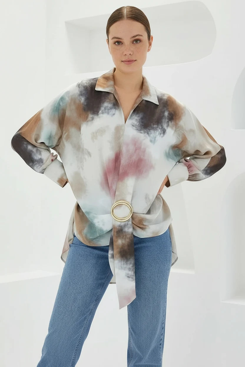 Kadın Beli Kuşaklı Oversize Desenli Saten Hardal Ekru Gömlek