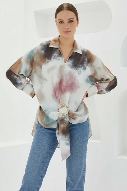 Kadın Beli Kuşaklı Oversize Desenli Saten Hardal Ekru Gömlek