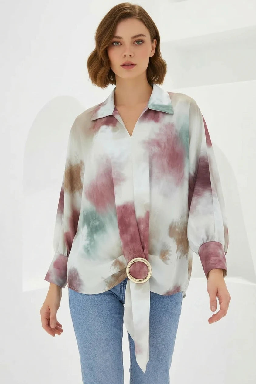 Kadın Dökümlü Oversize Saten Gül Kurusu Gömlek
