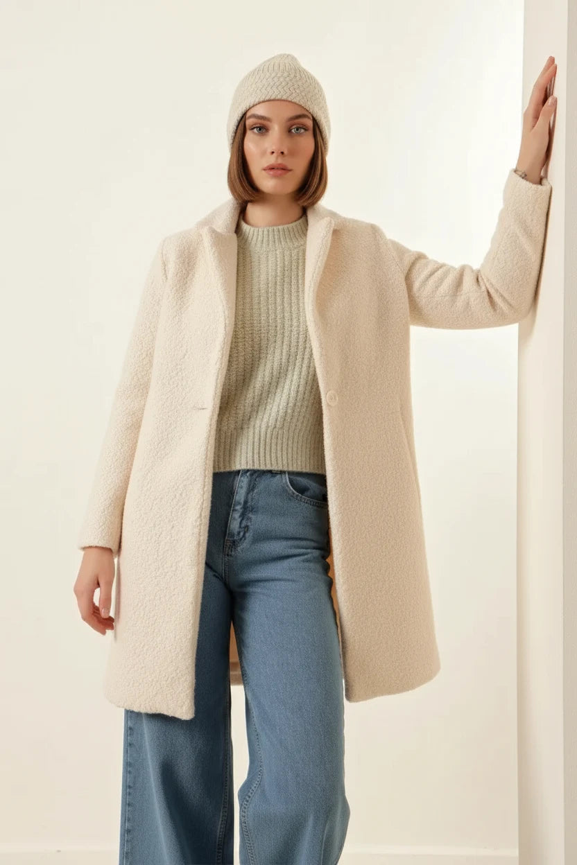 Kadın Klasik Yaka Oversize Kaşe Kaban