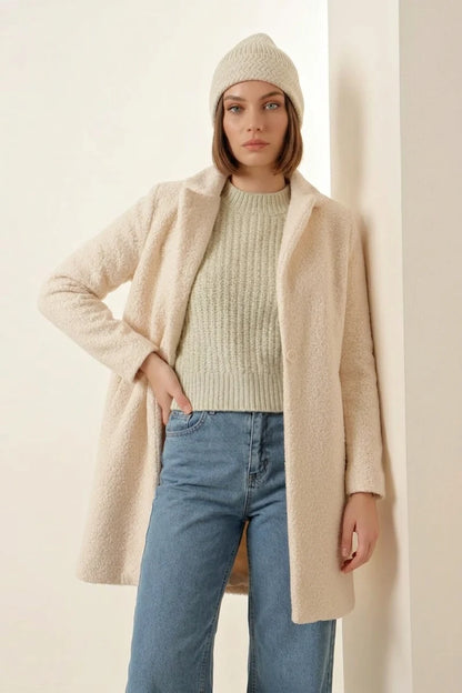 Kadın Klasik Yaka Oversize Kaşe Kaban