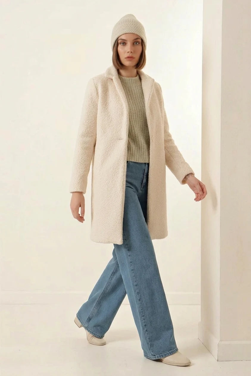 Kadın Klasik Yaka Oversize Kaşe Kaban
