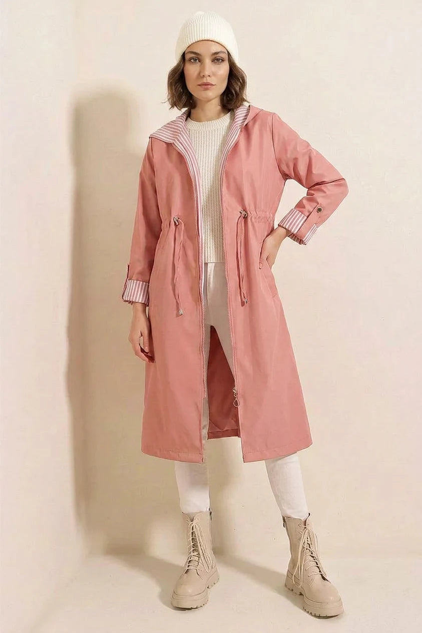 Kadın Beli Büzgülü Kapşonlu Çizgili Pembe Trençkot