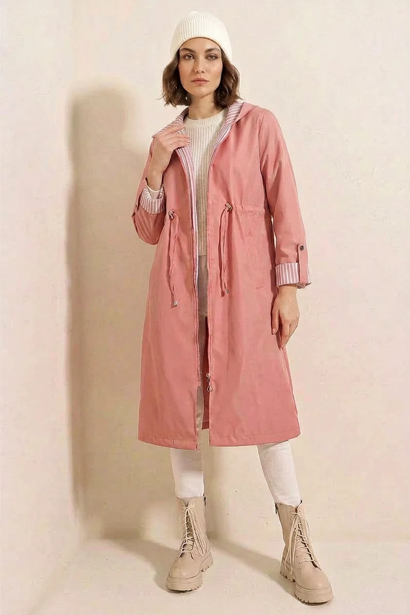 Kadın Beli Büzgülü Kapşonlu Çizgili Pembe Trençkot