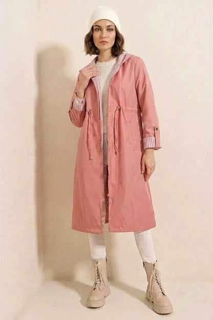 Kadın Beli Büzgülü Kapşonlu Çizgili Pembe Trençkot