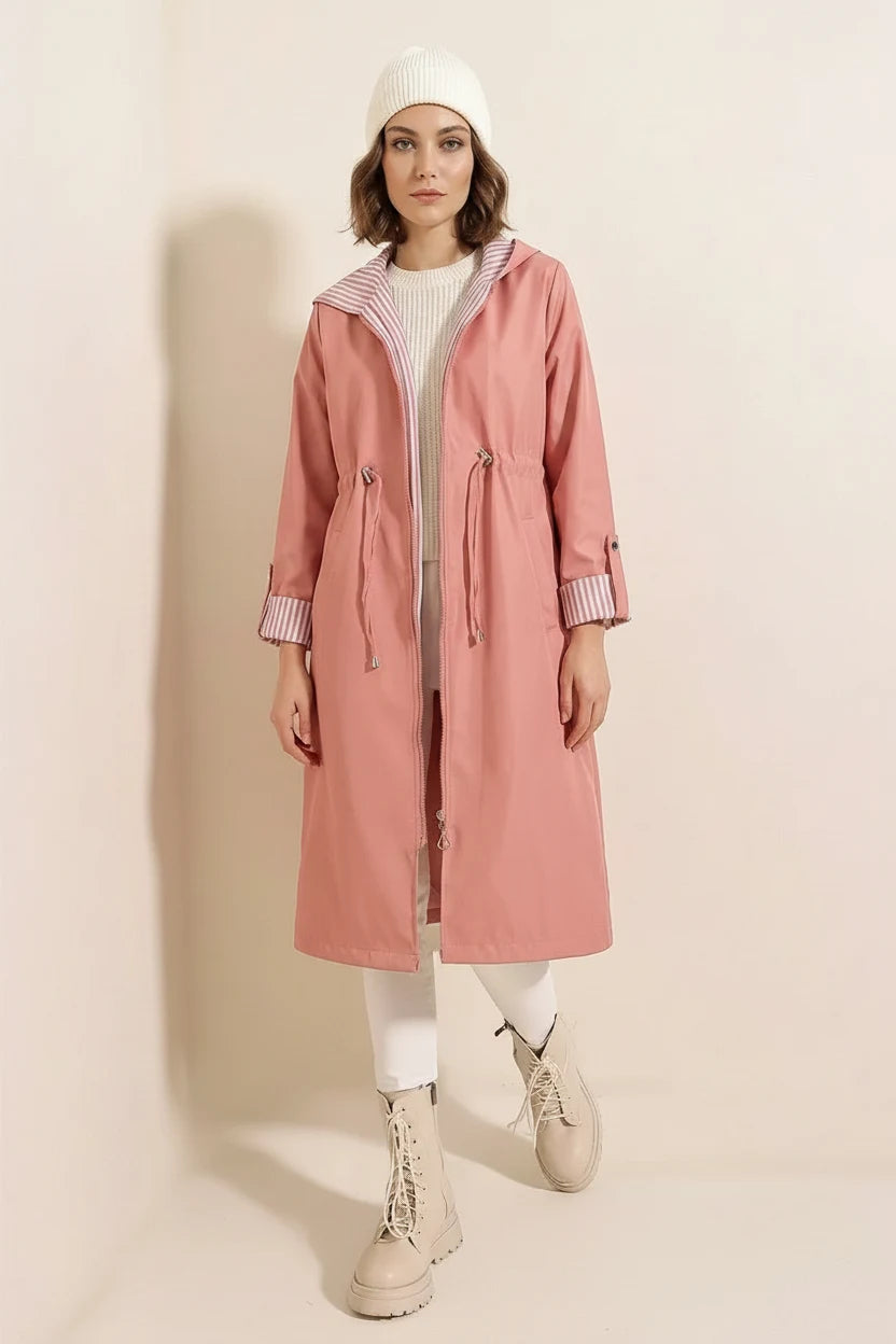 Kadın Beli Büzgülü Kapşonlu Çizgili Pembe Trençkot