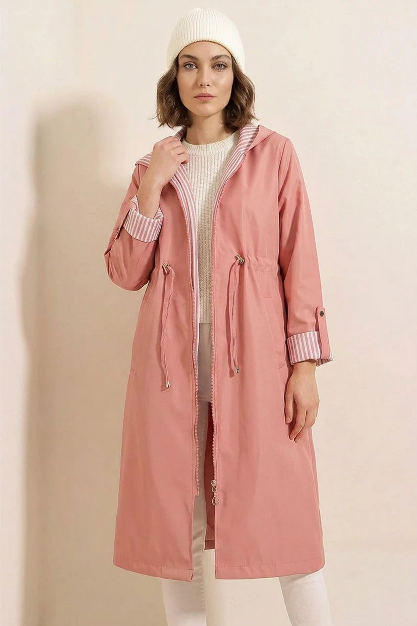 Kadın Beli Büzgülü Kapşonlu Çizgili Pembe Trençkot