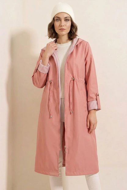 Kadın Beli Büzgülü Kapşonlu Çizgili Pembe Trençkot