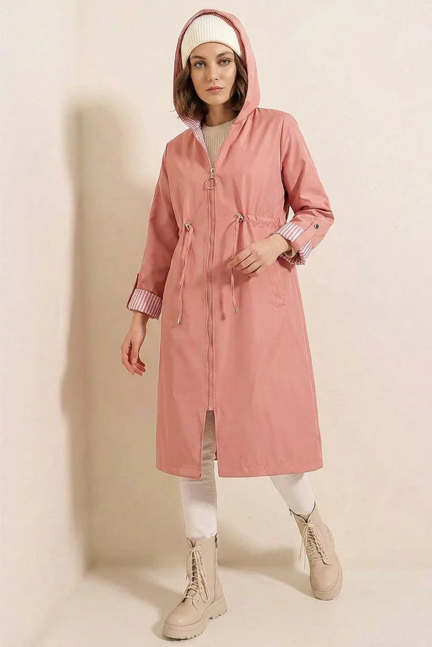 Kadın Beli Büzgülü Kapşonlu Çizgili Pembe Trençkot