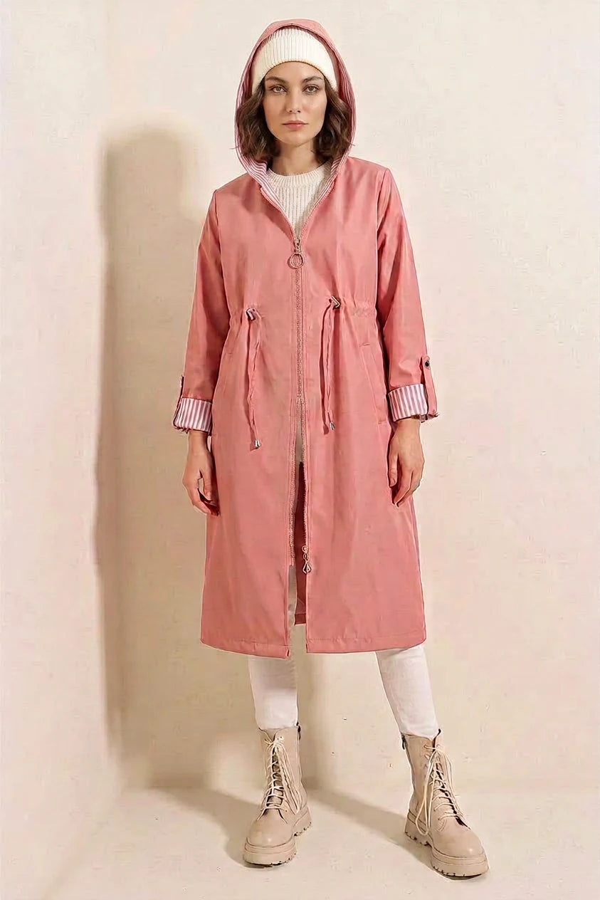 Kadın Beli Büzgülü Kapşonlu Çizgili Pembe Trençkot