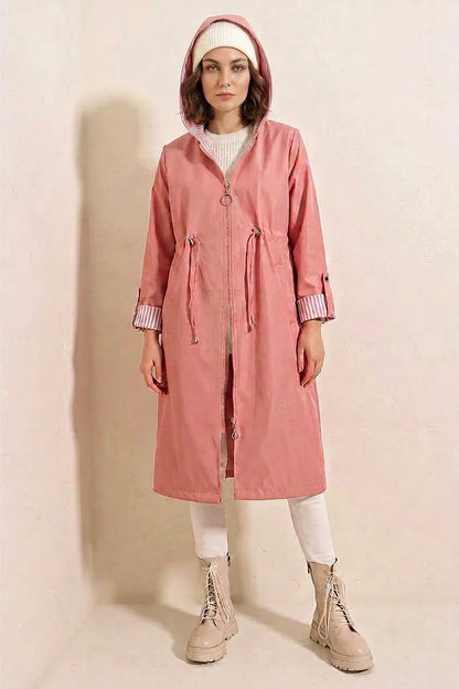Kadın Beli Büzgülü Kapşonlu Çizgili Pembe Trençkot