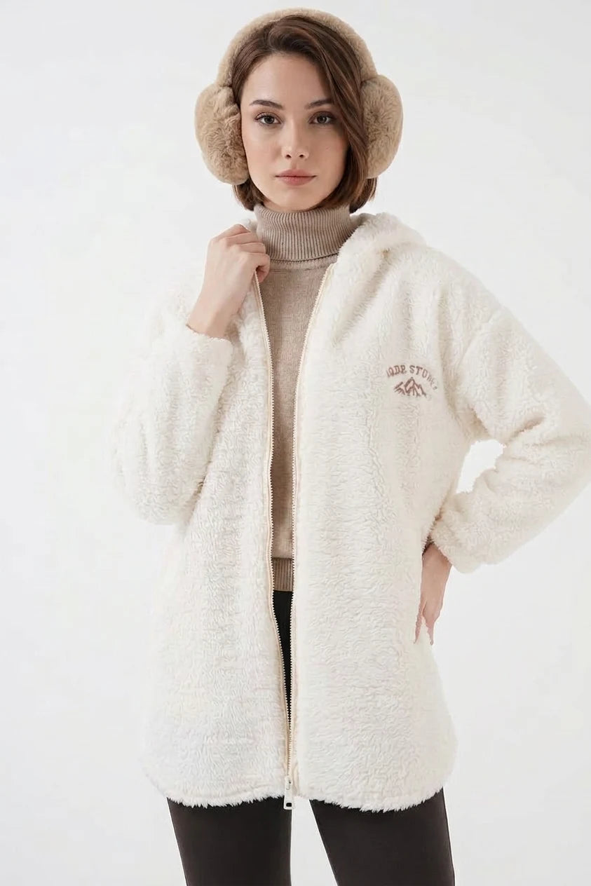 Kadın Kapüşonlu Peluş Oversize Beyaz Kaban
