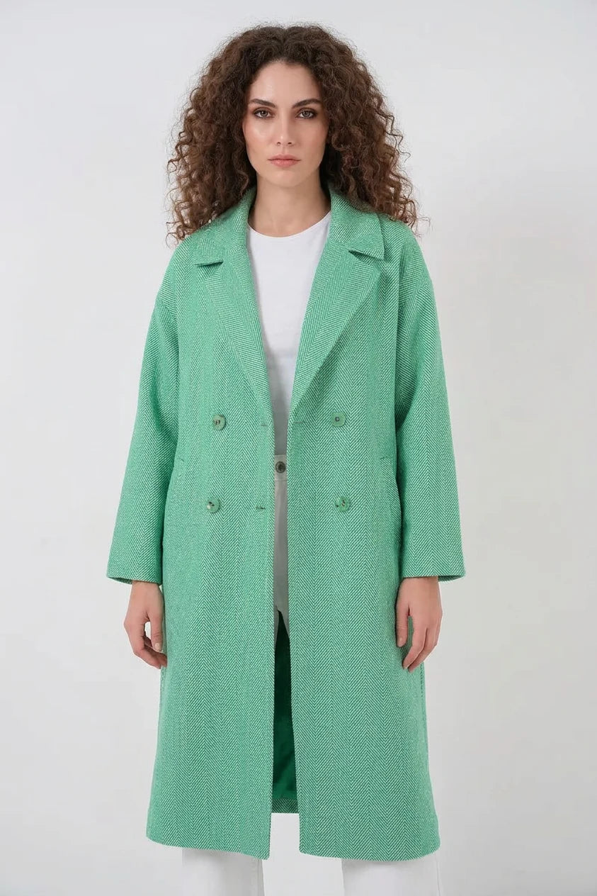 Kadın Geniş Yaka Oversize Balıksırtı Desenli Kaşe Yeşil Kaban