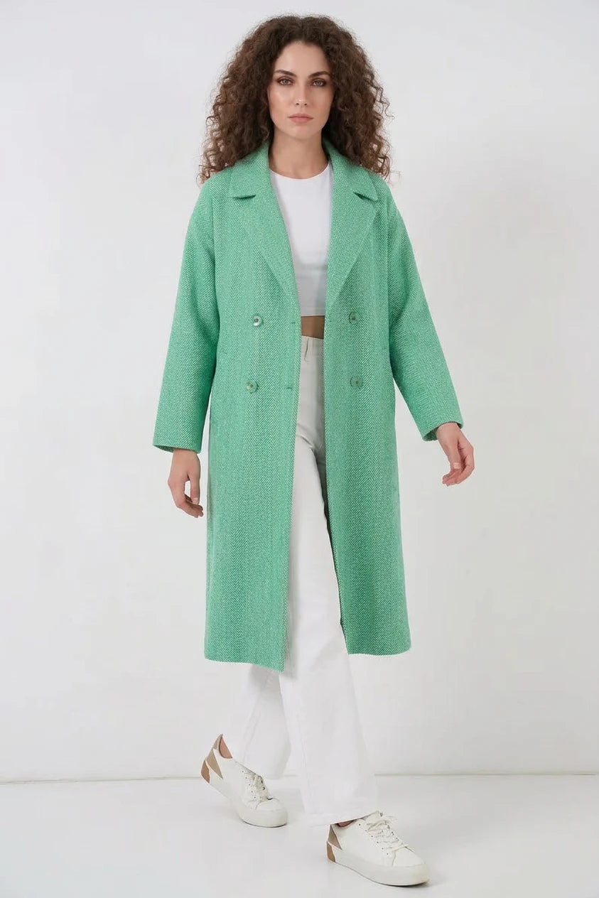 Kadın Geniş Yaka Oversize Balıksırtı Desenli Kaşe Yeşil Kaban