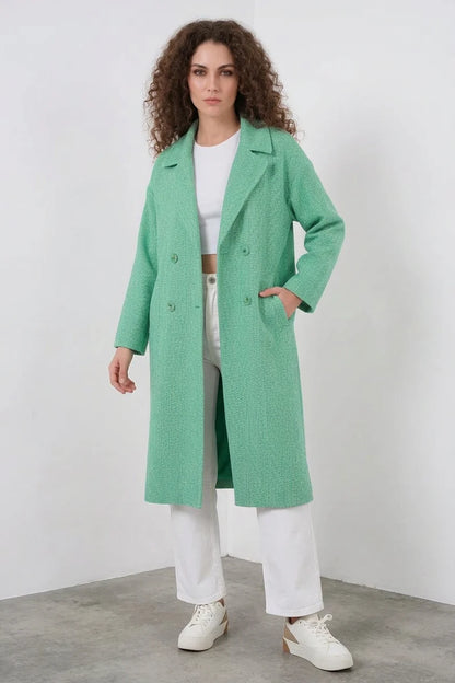 Kadın Geniş Yaka Oversize Balıksırtı Desenli Kaşe Yeşil Kaban