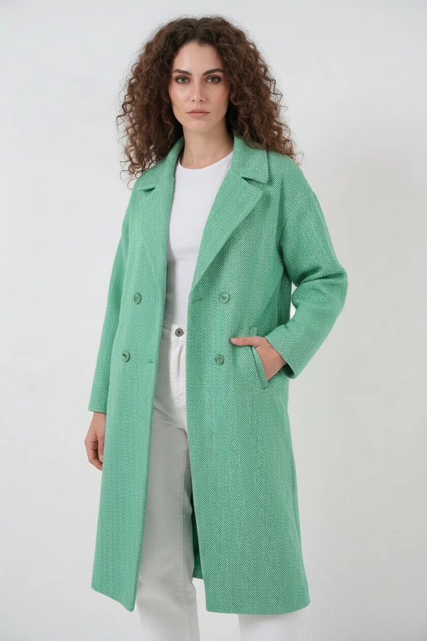 Kadın Geniş Yaka Oversize Balıksırtı Desenli Kaşe Yeşil Kaban