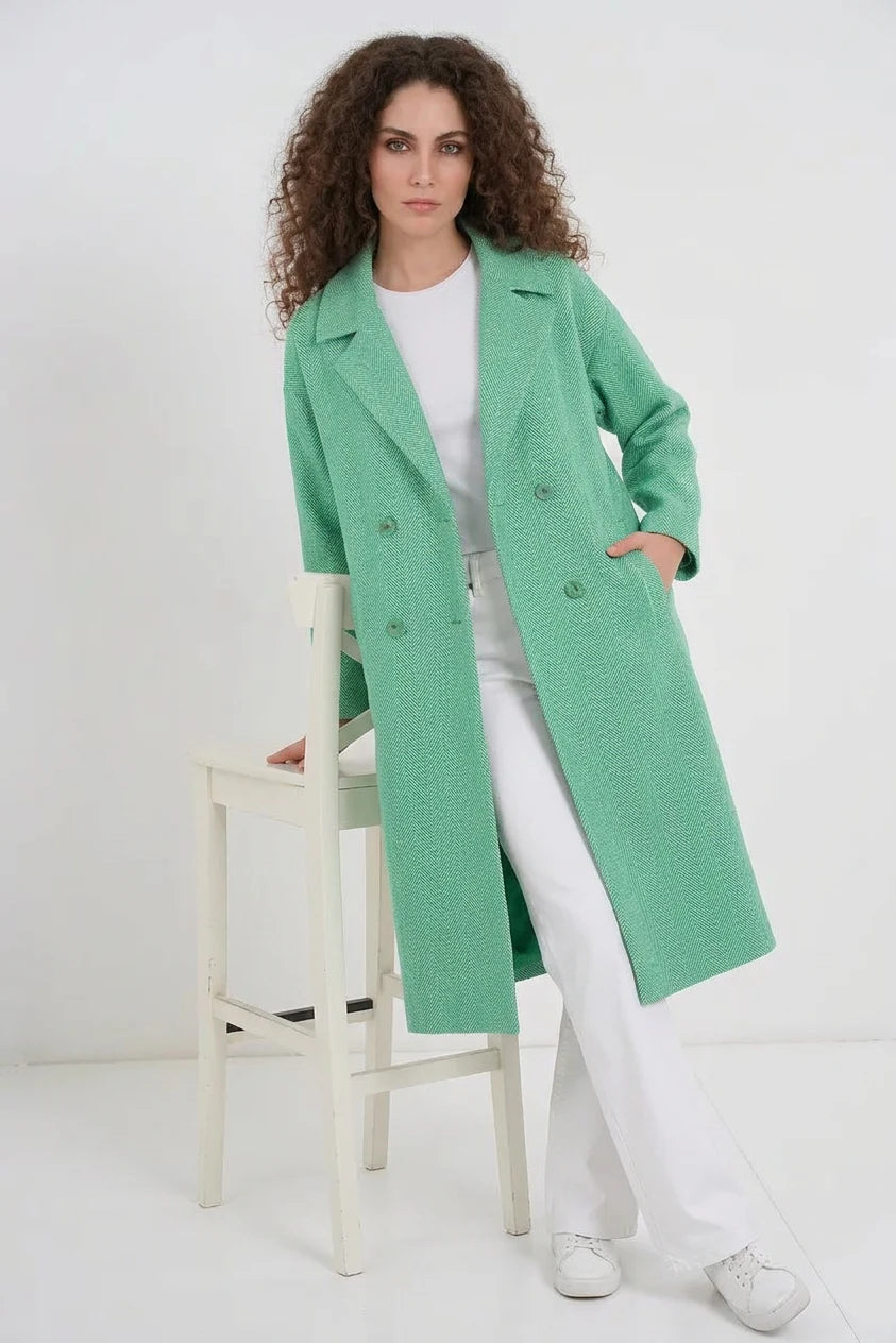 Kadın Geniş Yaka Oversize Balıksırtı Desenli Kaşe Yeşil Kaban