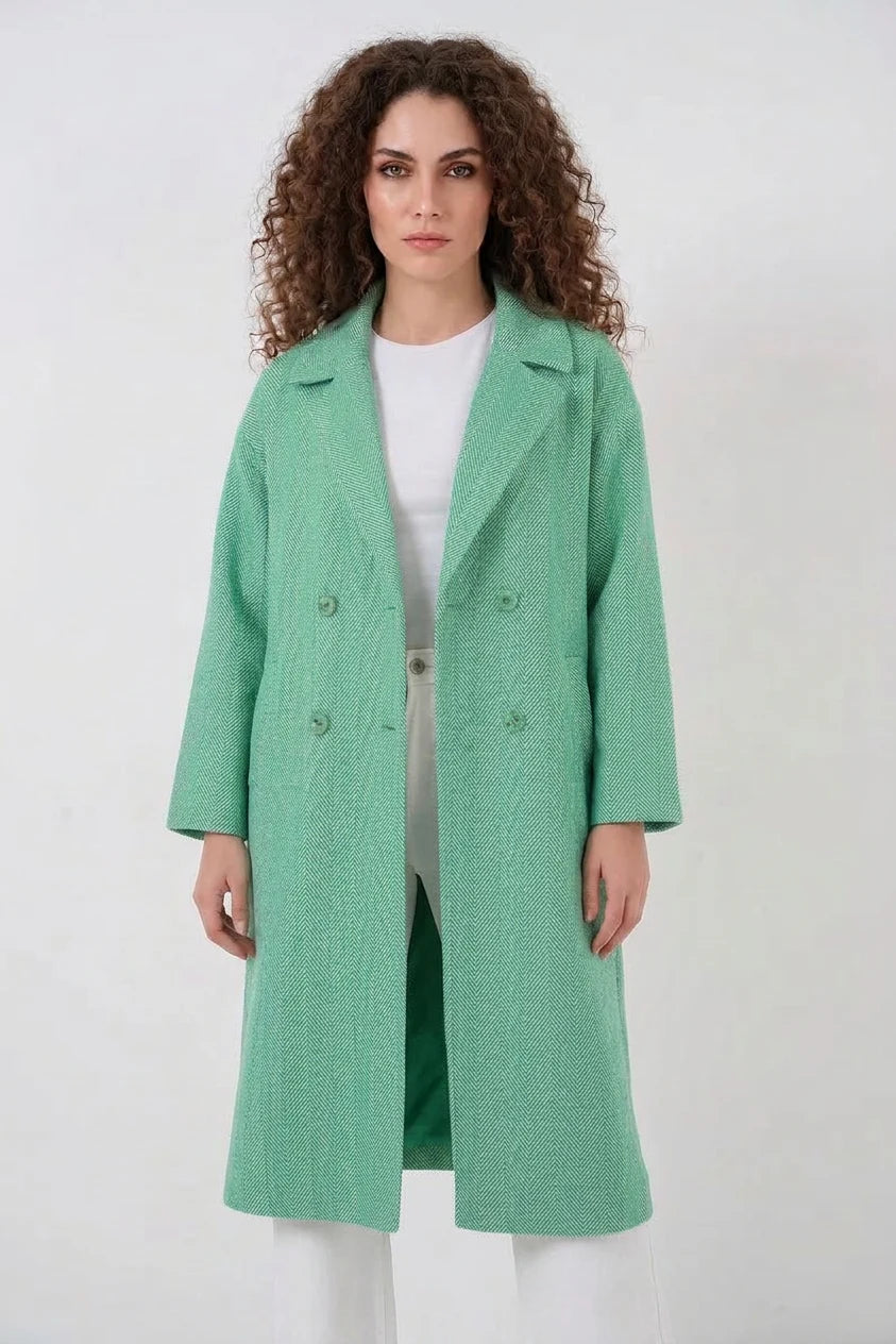 Kadın Geniş Yaka Oversize Balıksırtı Desenli Kaşe Yeşil Kaban