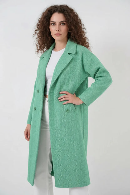 Kadın Geniş Yaka Oversize Balıksırtı Desenli Kaşe Yeşil Kaban
