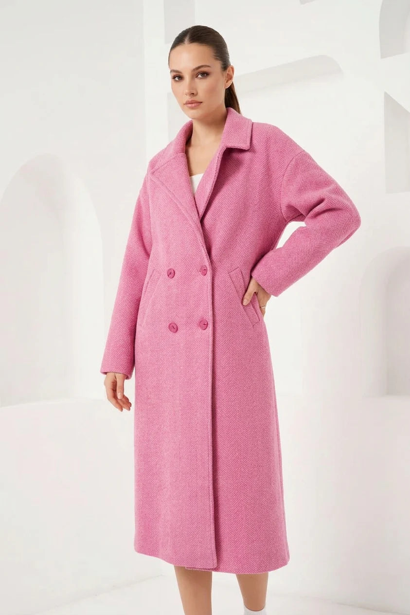 Kadın Gömlek Yaka Geniş Kesim Oversize Kaşe Fuşya Kaban