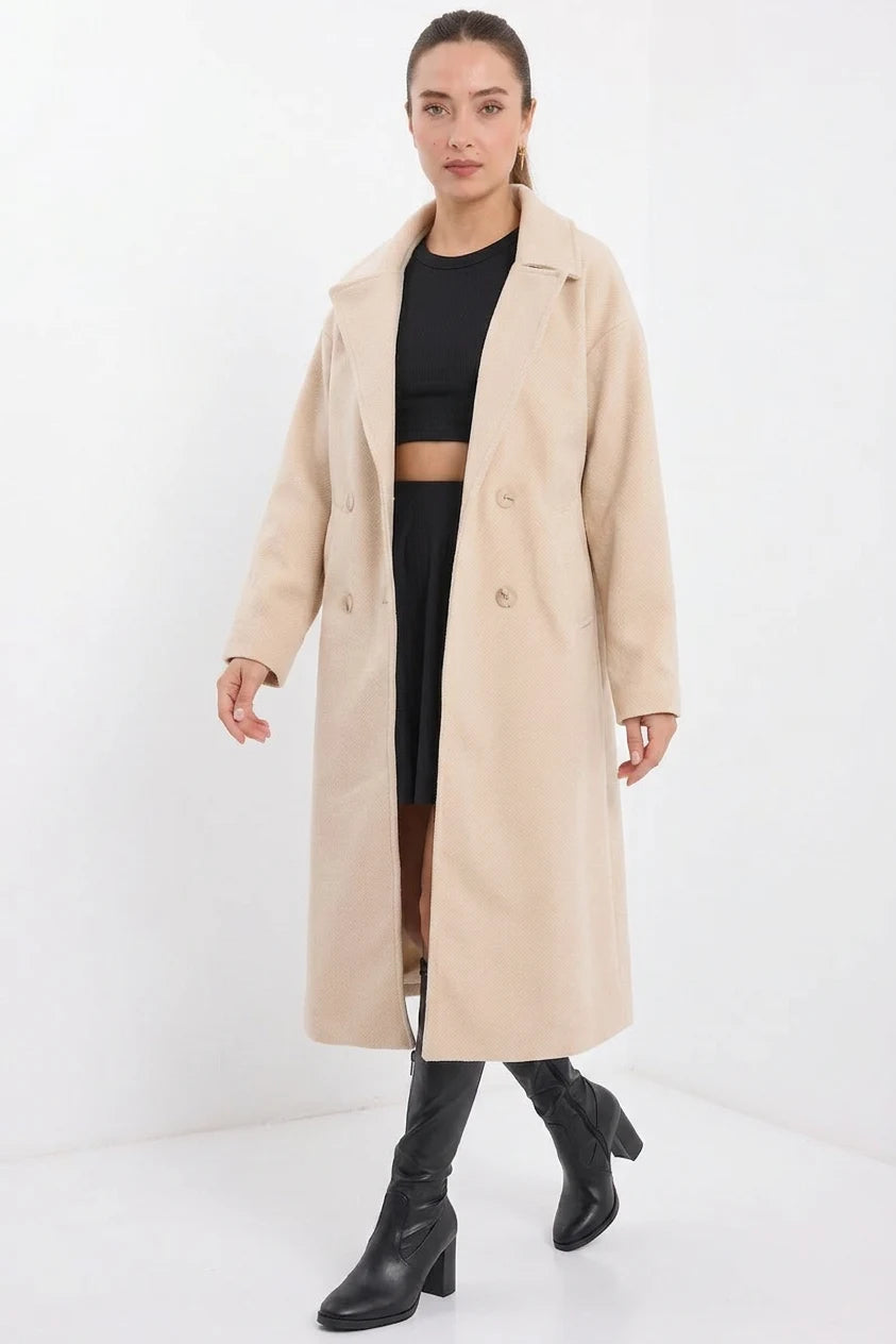 Kadın Yaka Oversize Geniş Kesim Kaşe Krem Kaban