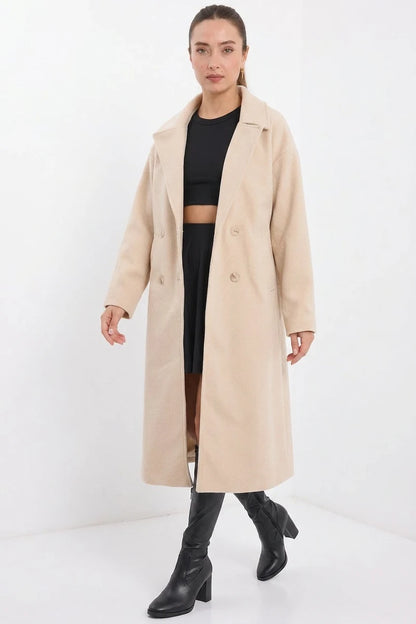 Kadın Yaka Oversize Geniş Kesim Kaşe Krem Kaban