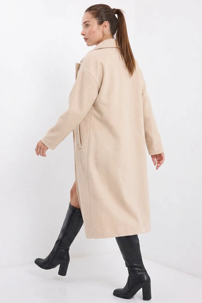 Kadın Yaka Oversize Geniş Kesim Kaşe Krem Kaban