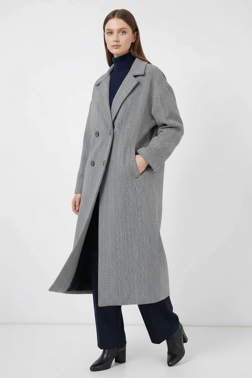 Kadın Klasik Yaka Standart Oversize Balıksırtı Desenli Kaşe Kaban