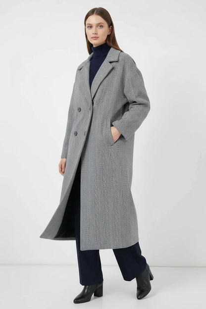 Kadın Klasik Yaka Standart Oversize Balıksırtı Desenli Kaşe Kaban