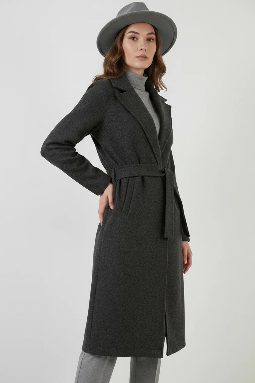 Kadın Kruvaze Yaka Kuşaklı Pamuklu Kaban