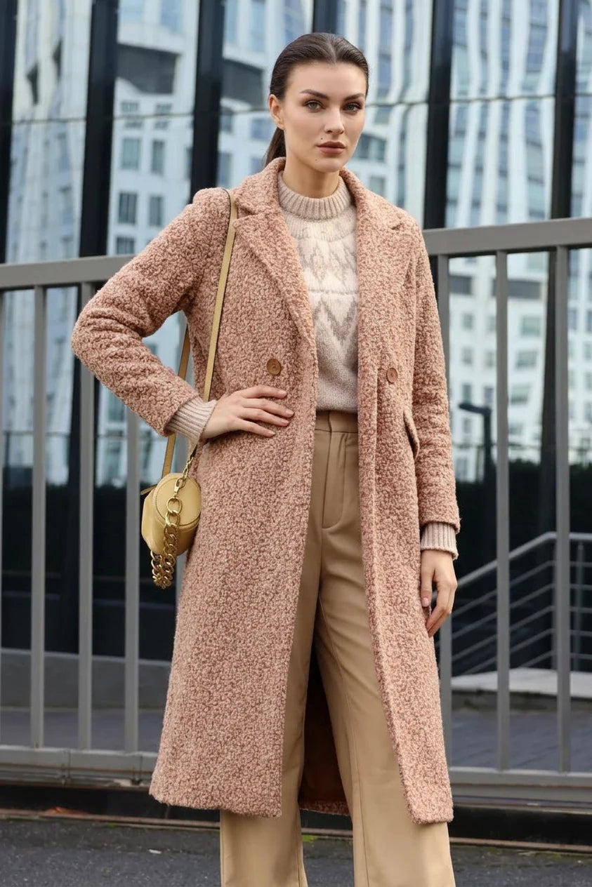 Kadın Kruvaze Yaka Buklet Oversize Taba Kaban