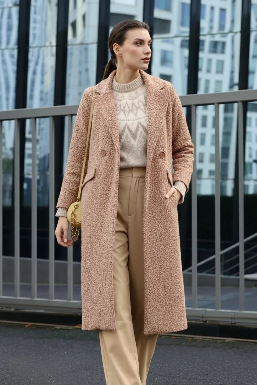 Kadın Kruvaze Yaka Buklet Oversize Taba Kaban