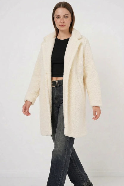 Kadın Geniş Yaka Oversize Ekru Kaban