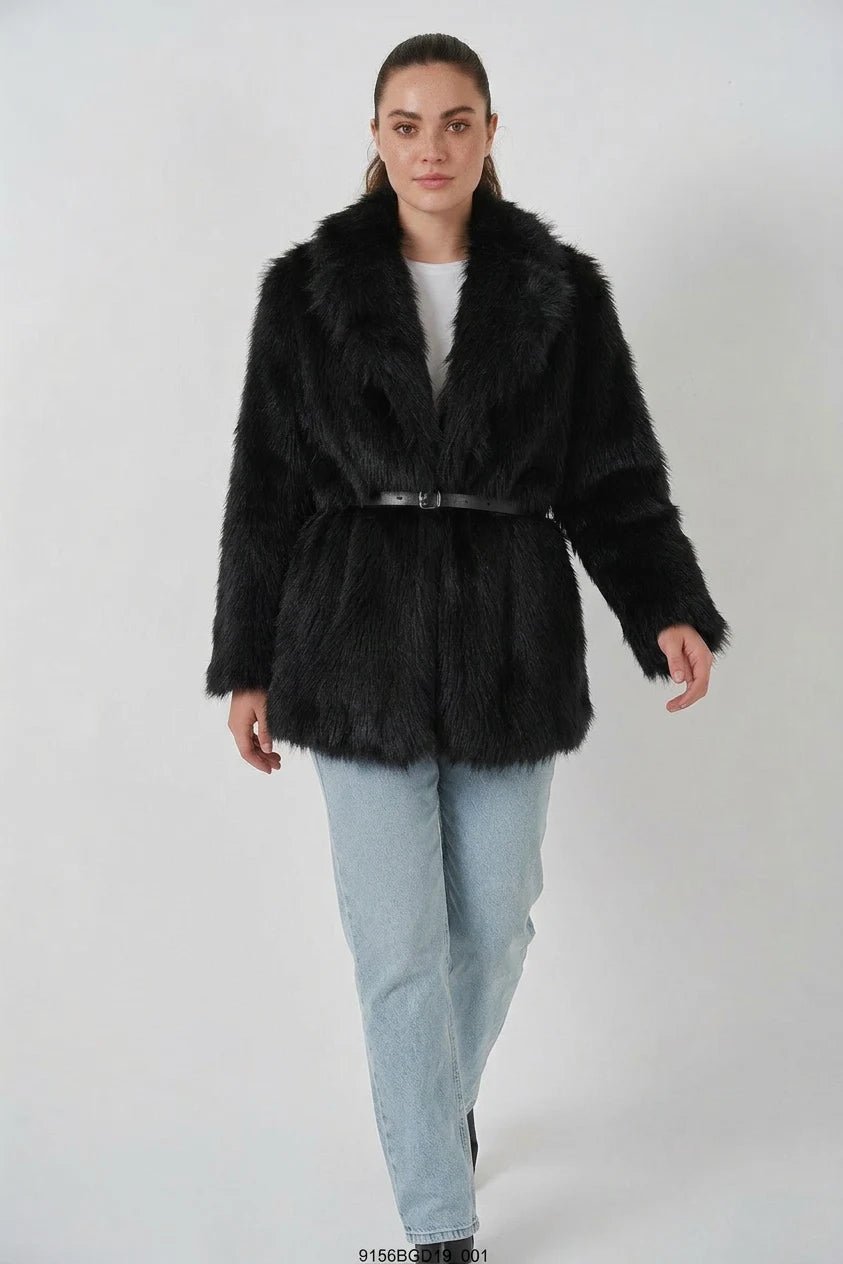 Kadın Geniş Yaka Kemerli Kürklü Oversize Siyah Kaban