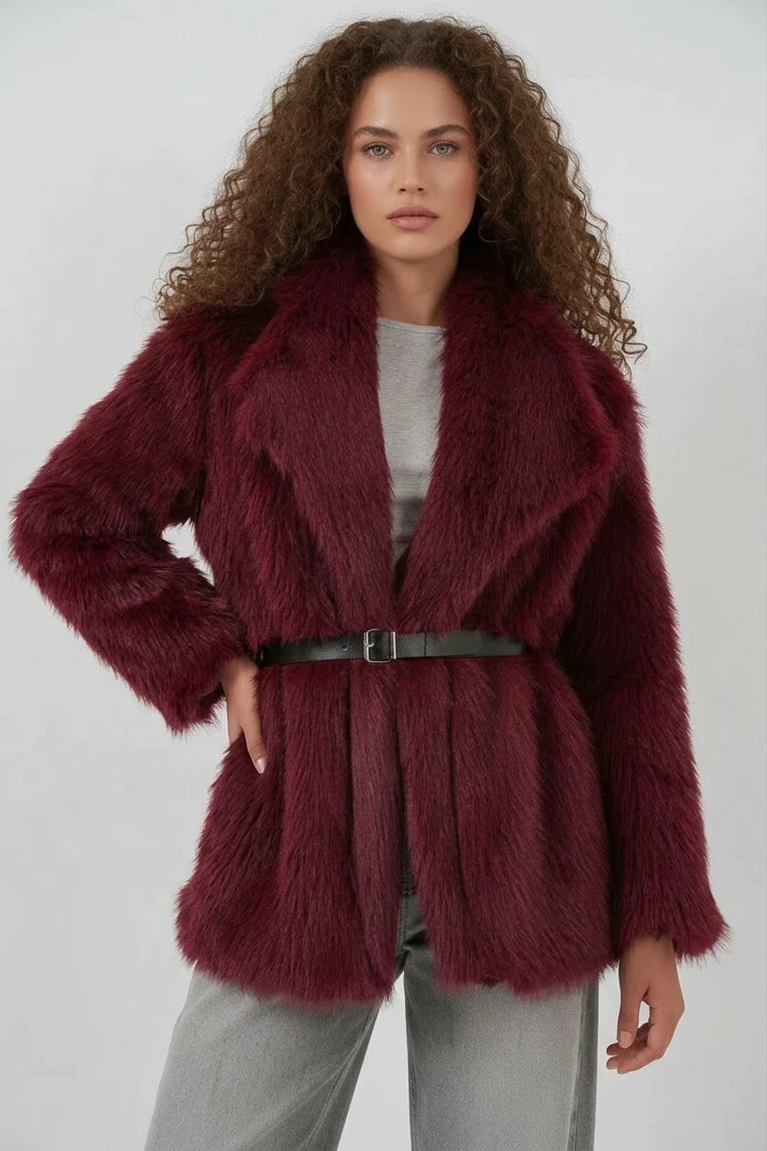 Kadın Geniş Yaka Kuşaklı Kürklü Oversize Bordo Kaban
