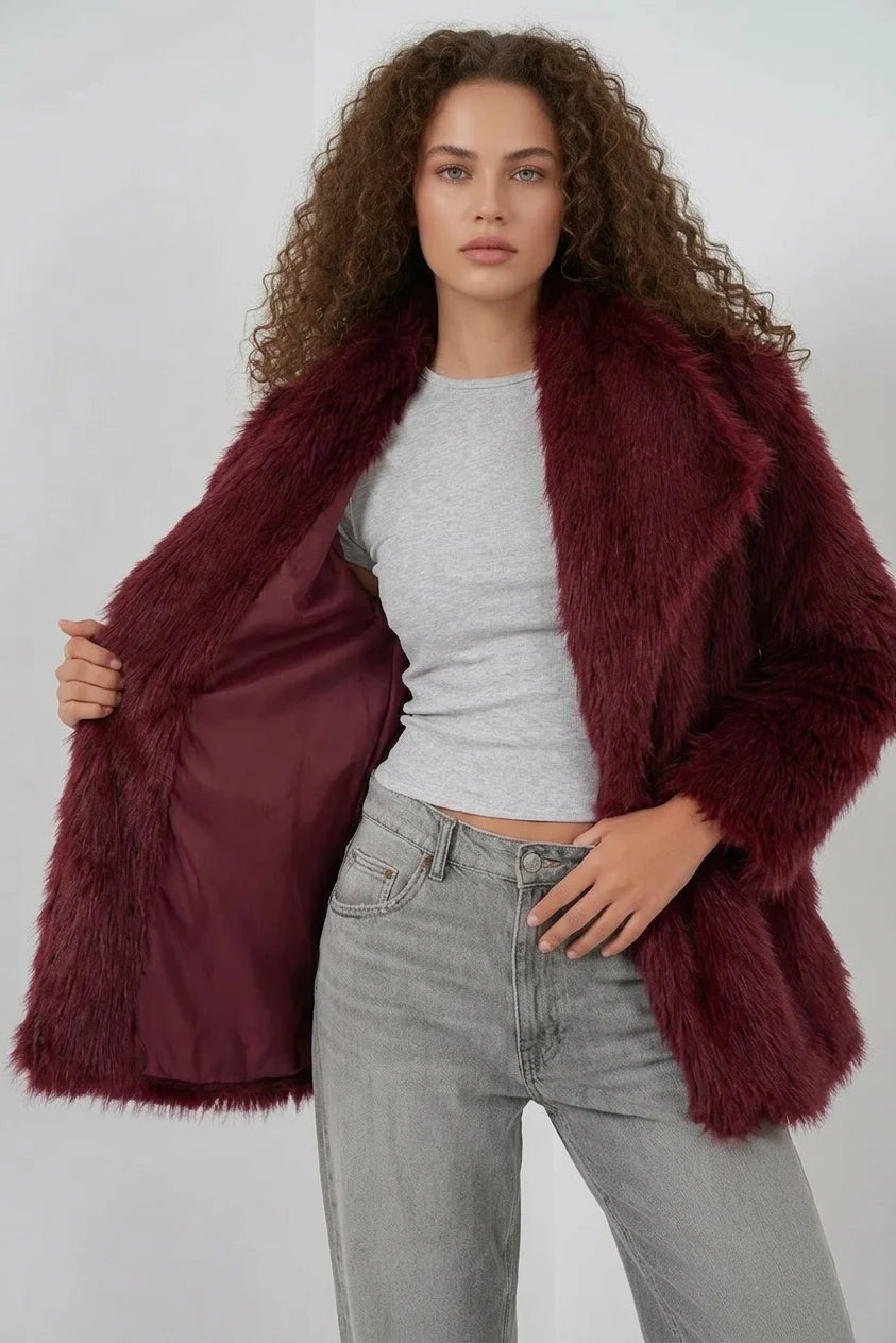 Kadın Geniş Yaka Kuşaklı Kürklü Oversize Bordo Kaban