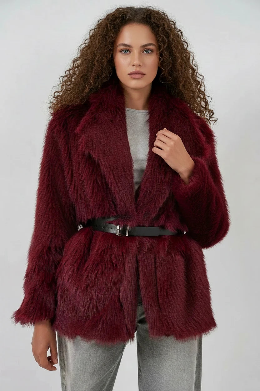 Kadın Geniş Yaka Kuşaklı Kürklü Oversize Bordo Kaban